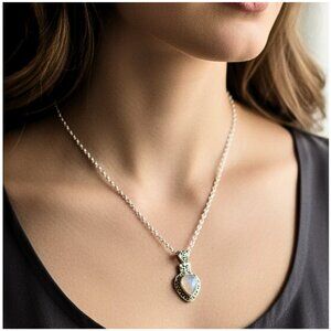 Necklace Boho Rainbow Moonstone Antique Silver Color Inverted Teardrop Pendant